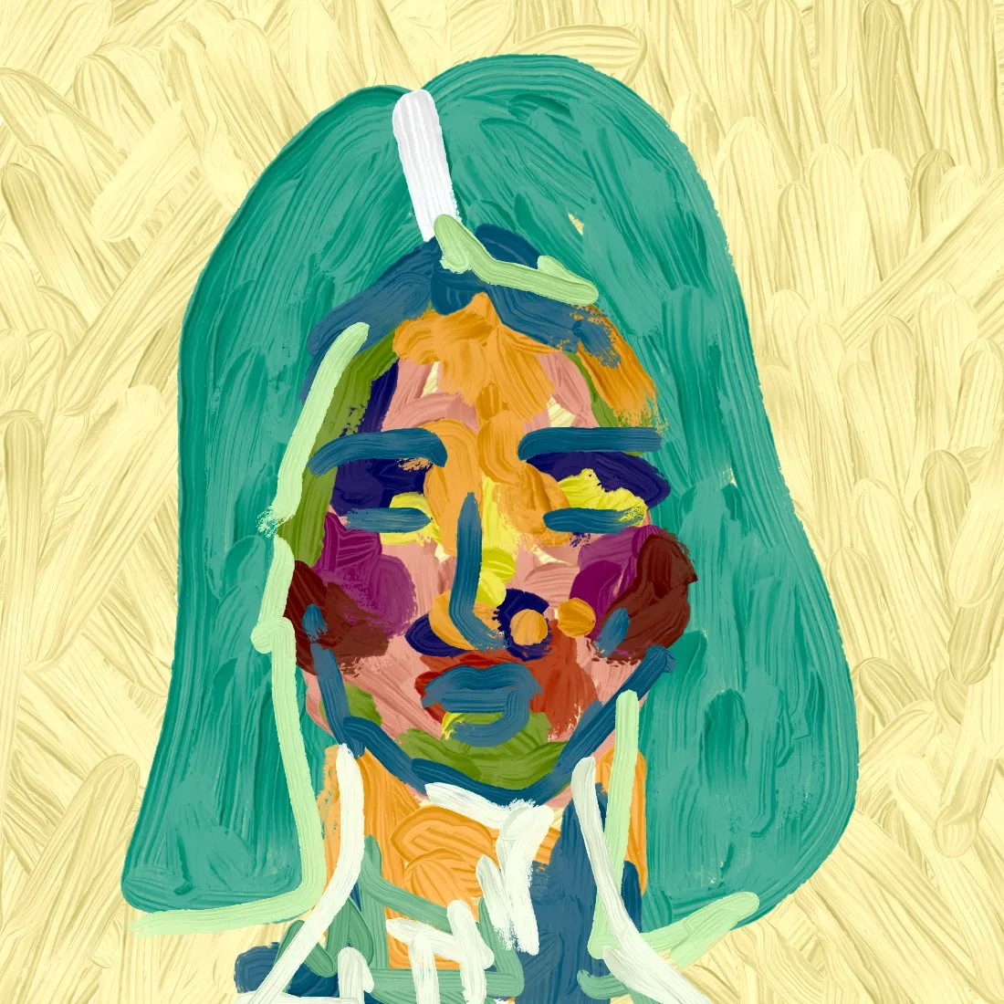 Ritratto dipinto con capelli verde acqua